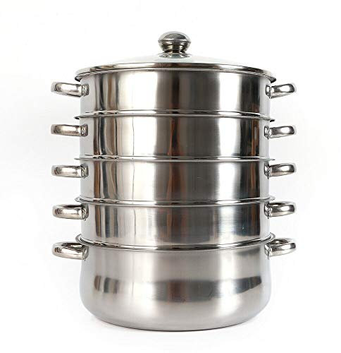 Cocina al vapor de acero inoxidable de 26 cm con tapa de cristal, hervidor de verduras y patatas, acero inoxidable con tapa de cristal, apto para lavavajillas, 5 capas de acero inoxidable