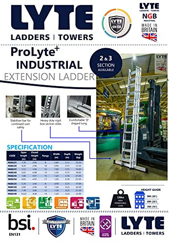 Lyte Pro+ EN131-2 Professional Industrial 2 Section Extension Ladder, 2x12 Rung