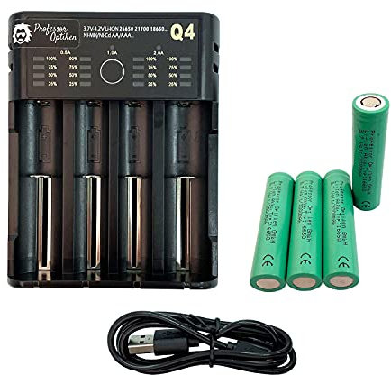 Professor Optiken universal Batterie-Ladegerät/für Lithium-Ionen (Li-Ion) und Nickel-Metall Akkus (NI-MH), 0,5-2A, 4er/4-fach - inkl.4er-Set / 4X Akku - Typ: 16650, 3,7 Volt mit 2500 mAH | Yonii Q4