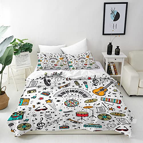 ANHOPE Musik Bettwäsche Set 3 Teilig Retro Musical Ausrüstung Bettbezug 135x200 cm + 2 Kissenbezug 50x70 cm Weich Microfaser Bettbezüge mit Reißverschluss Bettdeckenbezug für Kinder Jungen Mädchen