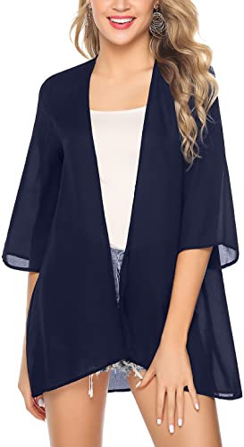 Irevial Cardigan Donna Chiffon Kimono Estiva Coprispalle Elegante Aperto Davanti Leggero Camicetta Casual Blu Navy S
