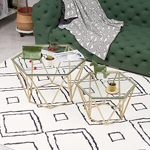 Lot de 2 Tables Basses dorées en Verre avec Structure en métal, Table de Salon en Diamant pour Salon, Chambre à Coucher