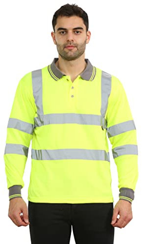 kraftd Mens Hi Vis Polo Viz High Visibility Reflective Tape Safety Polos Contrast Long Sleeve Workwear Tee Tshirt Top