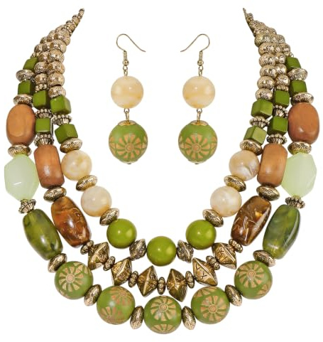 Bocar Set di collane con perline a 3 strati per donne, gioielli | Design a 3 strati con perline grosse con texture miste, catena di estensione da 7,6 cm e gioielli abbinati per un look