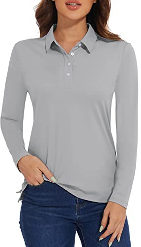 MAGCOMSEN Damen Golf Poloshirt Langarm Atmungsaktiv Laufshirt Schnelltrocknend Funktionsshirt Athletic Polo Long Sleeve, Hellgrau XXL
