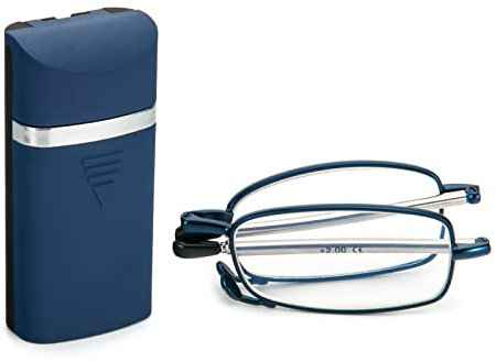 KoKoBin Faltbare Lesebrille aus Edelstahl Mini Anti-Blau Sehehilfe mit Brillenetui für Damen und Herren Kleines tragbares Lesegerät (Blau, 2, diopters)