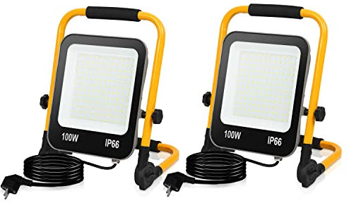 Ikodm Projecteur de Chantier LED, 2PCS 100W Projecteur LED 10000LM 6000K Blanc Froid avec Support Pliable, Lampe de Chantier avec câble 3M et étanche IP66 pour Garage Chantier