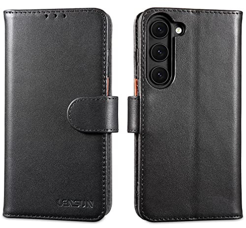 LENSUN Echtleder Hülle für Samsung Galaxy S23, Handyhülle [Echtes Leder] [Magnetverschluss] [RFID Schutz] Lederhülle Handytasche für Samsung Galaxy S23 5G - Schwarz