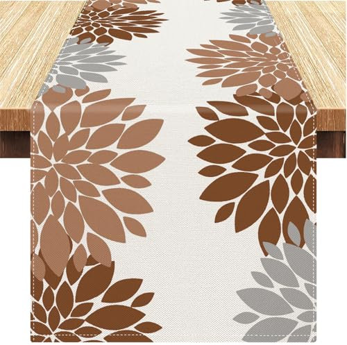 Tischläufer Modern Weihnachten Tischläufer Braun Grau Esstisch Deko Dahlie Waschbar Leinen Tischdecke Outdoor für Esstisch Hochzeit Party Rustikale Hochzeit Küche Wohnzimmer 40x140 cm