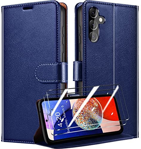 QHOHQ Handyhülle für Samsung Galaxy A14 4G/5G Hülle mit 2 Stück Panzer Schutz Glas, Premium Leder Schutzhülle, [RFID Sperrung Schutz], Magnetische Schnalle, Multifunktional, Stoßfest - Blau