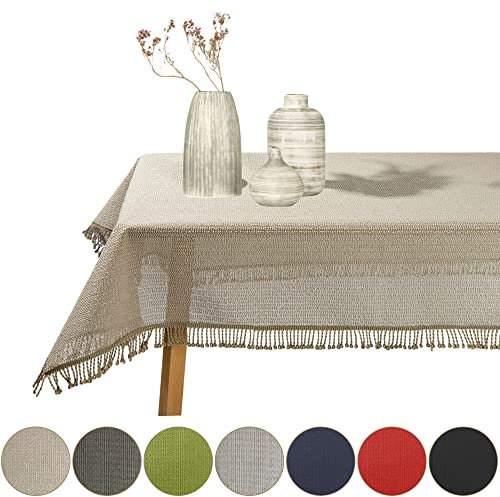 Gartentischdecke geschäumt eckig rund oval wetterfest rutschfeste Weichschaum Tischdecke abwaschbar Garten Balkon Outdoor Camping mit Fransen (Beige, 130x220cm (BxL))