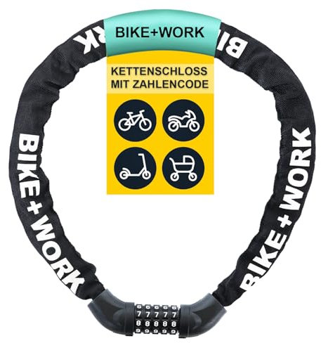 BIKE WORK Fahrradschloss Kettenschloss Zahlenschloss, 5er Zahlencode, hohe Sicherheit, gehärtete Stahlkettenglieder, Anti-Diebstahl, für Fahrrad E-Bike Scooter Grill, schwarz, 6 mm x 1000 mm