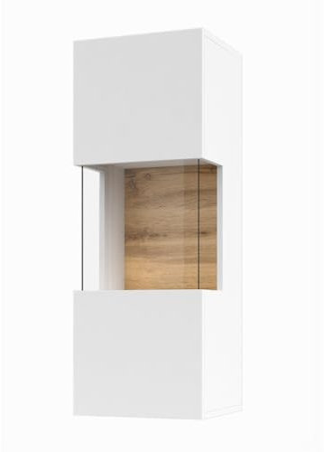 Meublorama Piccola vetrina sospesa 1 Porta parzialmente vetrata Collezione Eva. Colore Bianco Opaco e Rovere.