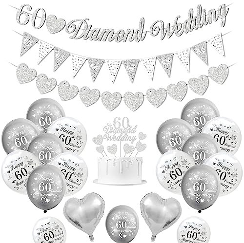 Diamant Hochzeit deko, 60 Hochzeitstag Dekorationen, 60 Diamant Hochzeitsbanner, Happy 60th Anniversary Luftballons silberweiße Luftballons Herzballons 60 Diamond Wedding tortenaufsatz