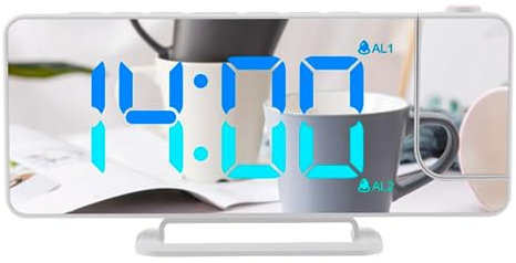 Wecker, Projektionswecker für Schlafzimmer, Spiegel-LED-Digitalwecker, Projektionswecker 12 24H 7 im großen Display, WEISS