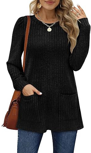 Aokosor Long Sleeve Tops Women Lightweight Jumpers Ladies Sweatshirts with Pockets Black Size 18-20
