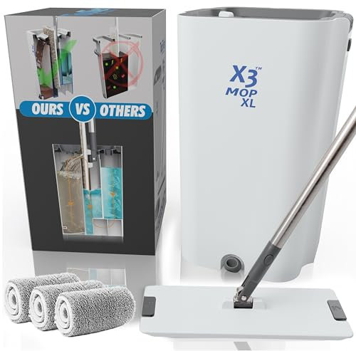 X3 Mop XL, trennt schmutziges und sauberes Wasser, 3-Kammer-Design, Flacher Wischmopp und Eimer-Set, freihändige Bodenreinigung zu Hause, 3 Wiederverwendbare Mikrofaser-Mopp-Pads im Lieferumfang