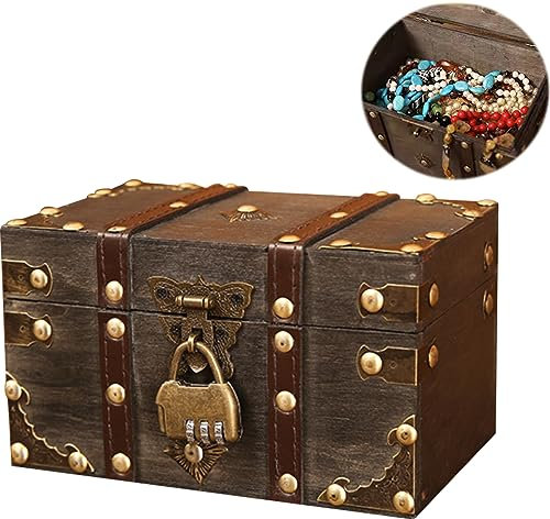 Nizirioo Coffre au trésor vintage en bois avec serrure à combinaison : petit coffre au trésor vintage pirate, boîte à bijoux avec couvercle, coffre au trésor pour anniversaire d'enfant, tirelire avec