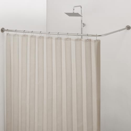 Crkmire L Form Duschvorhangstange, 61-134,6 cm x 61-134,6 cm Ecke Kein Durchhängen 90 Grad über Eck Gebogene Gardinenstange für Badezimmer, mit 12 Ringhaken und Deckenstütze Gebürstetes