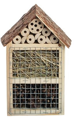 BOGATECO Bienenhotel Insektenhotel - unbehandelt, Bienenhaus aus Massiv-Holz für Bienen, Marienkäfer & Florfliegen, Insektenhaus & Nisthilfe zum Aufhängen (Holz-Dach)