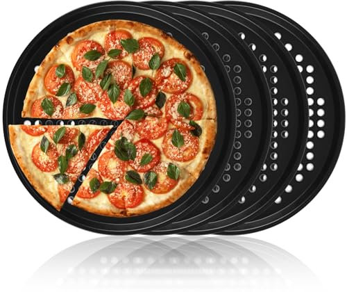 SHUESS 4 Pcs Carbon Steel Pizza Tray - 12 Inch Pizza Baking Pan - Round Perforated Baking Trays - Pizza Trays for Oven Non Stick, Healthy and Durable, Dishwasher Safe (32 cm, Black)