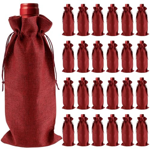 KEILEOHO 24 PCS Red Burlap Wine Bags, 15 x 35cm Jute Wine Bottle Bags with Drawstring, Hessian Wine Gift Bags for Festive