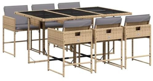 vidaXL Garten Essgruppe 7-TLG., Gartenmöbel Set Tisch mit 6 Stühle, Gartengarnitur mit Kissen, Sitzgruppe Essgarnitur Terrasse, Beigemischung Poly Rattan