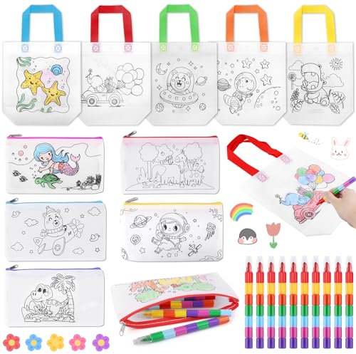 Ezydka 20 Stück Stoffbeutel zum Bemalen für Kinder Set, 10 Stück Taschen zum Bemalen für Kinder und 10 Stück Stapelbare Wachsmalstifte für Kindergeburtstag Gastgeschenke, Mitbringsel, Spiele