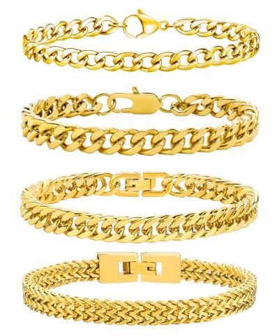 Esmoly Armband Herren Bracelet Silber Armband - 4 Stücke Silber Gold Schwarz Edelstahl Armbänder Kubanische Armband 19cm/21cm/23cm Länge Abschluss Geburtstags Geschenke für Männer (Gold 21cm)