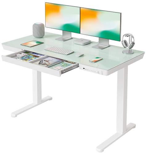FEZIBO Elektrischer Stehschreibtisch mit Glasplatte, höhenverstellbar, 120 x 60 cm, Homeoffice-Tisch, mit USB-A- bis C-Ladeanschluss, Weißer Rahmen/Weiße Tischplatte