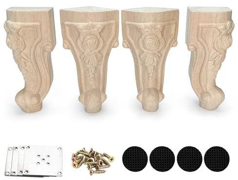 15cm Wooden Furniture Legs with Mounting Plates Screws Set of 4 Solid Wood Unfinished Rose European Style Replacement Furniture Feet for Couch Cabinet Sofa Ottoman TV Stand Home DIY Projects (6inch)