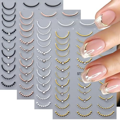 Nagelsticker French, Gold Linien Nail Art Sticker mit Strasssteine Selbstklebend Französischer Nagel Aufkleber Nageldesign DIY Dekoration(4 Blatt)