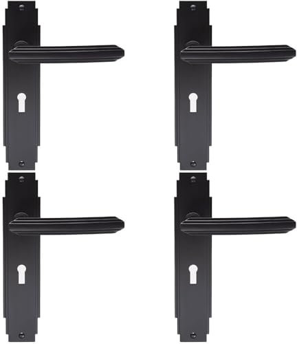4 Pack - Art Deco Internal Latch Door Handle - Matt Black Lever on Backplate Reeded