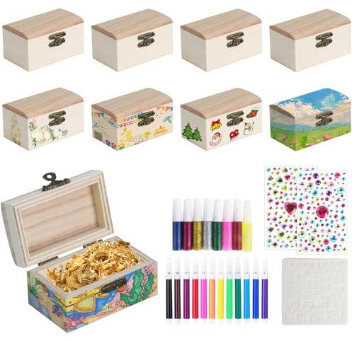9 Stücke Mini Schatztruhe,DIY Kleine Holzkiste mit Deckel,kleine Holz-Schatzkisten Schatzkiste Kindergeburtstag mit Diamantaufkleber für Bemalen und Basteln Piratenparty Geburtstags 9 x 5 x 4.5 cm