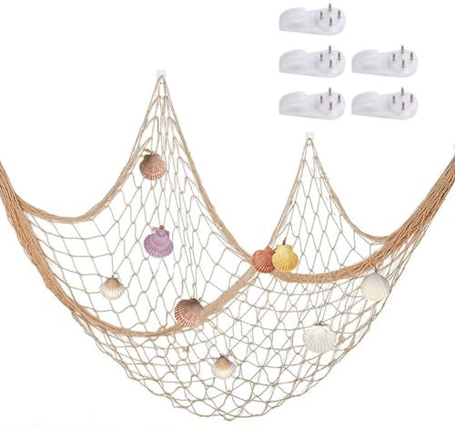 NIYATA Decorative Fishing Net, 2x1m Fishing Net Decoration with Sea Shells,Nautical Decorative Fishing Wall Nets,Mediterranean Style Fish Net,Decorative Hanging Rope Net for Party Home