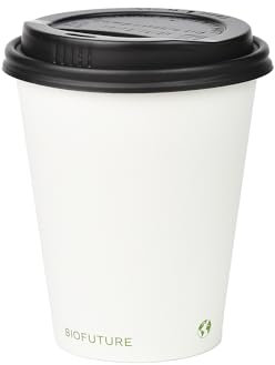 BIOFUTURE Biodegradable Coffee Cups – 50 x 6oz – 16oz (170ml – 450ml) Disposable Paper Cups with Lids – Eco-Friendly and 100% Compostable – Ideal for Tea, Coffee, and Hot Drinks (White, 8oz)