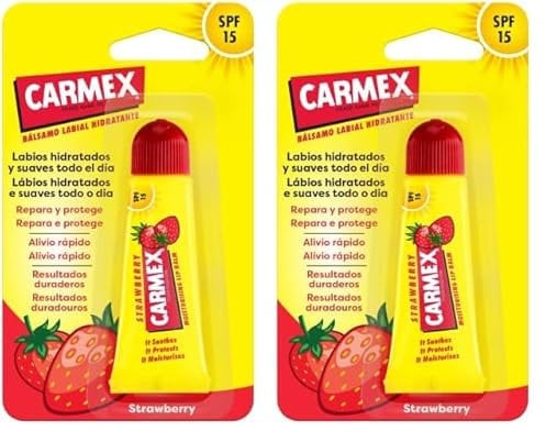 Carmex Bálsamo Labial SPF 15, Tubo Fresa, 10g (Paquete de 2)