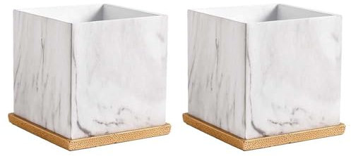 IOEDHW Paquete de 2 macetas de cerámica para Interiores, Maceta Cuadrada con Orificios de Drenaje y platillo Dorado, Maceta de cerámica Blanca, Maceta Moderna y Simple para Uso en el hogar