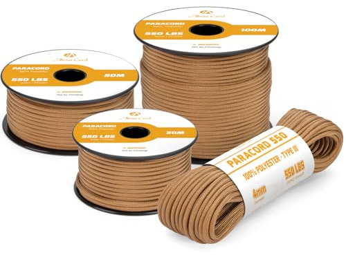 Abma Cord 550 Paracord 4mm 100m Rope 7 Strands Type III Parachute Cord for Crafting, Camping, Survival, Outdoor - Max. 250kg - Brown