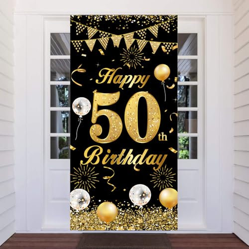50.Geburtstag Banner Schwarz Gold, 50 Jahr Geburtstag Deko Tür Hintergrund für Männer Frauen, Großer Stoff 50 Geburtstag Party Dekoration Türbanner für Tisch Wand Dekoration, 180 x 90cm