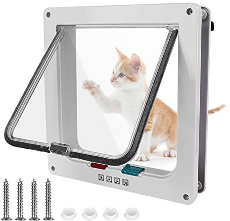 4 Way Locking Large Cat Flap With Tunnel for Wooden, Glass and Upvc Doors - Weatherproof Pet Door （White,L）