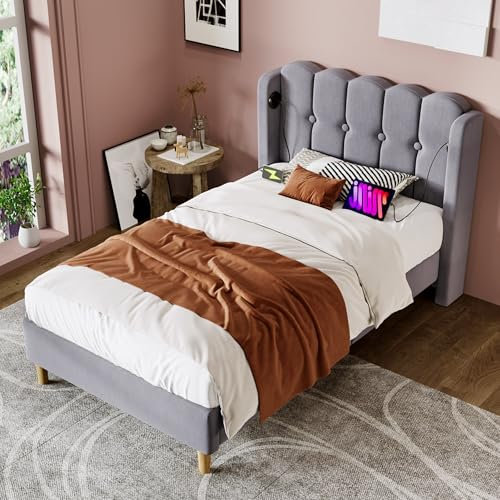 TIZZ Polsterbett Einzelbett mit USB Typ C Ladefunktion, Bettgestell mit Lattenrost, Gepolstertes Bett, Bettrahmen Jugendbett für Schlafzimmer Gästezimmer-Leinenmaterial (Grau, 90x200cm)
