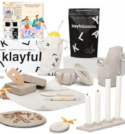 KLAYFUL - Einzelnes Lufttrocknungs-Set | 1,5kg Weißer Ton, Werkzeuge, Pinsel, Weiße Basis, Farben, Lack, Praktische Anleitung und Arbeitsgrundlage (Ohne Farben)