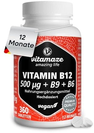 Vitamin B12 500 mcg hochdosiert, 360 Tabletten für 1 Jahr mit 375 mcg Vitamin B9 Folsäure + Vitamin B6, Natürliche Nahrungsergänzung ohne Zusatzstoffe, Made in Germany