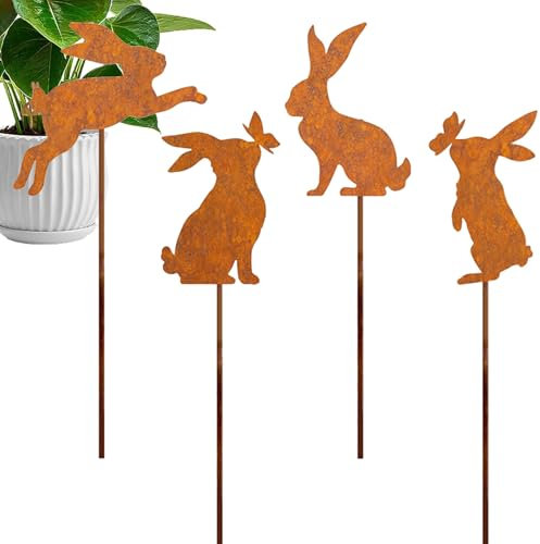 zurabini Osterhasen Gartenstecker 4er Ostern Rost Deko Gartendeko für Draußen, Edelrost Metall Hasen Roststecker Bauernhof Frühling Deko(Kaninchen-Stil)