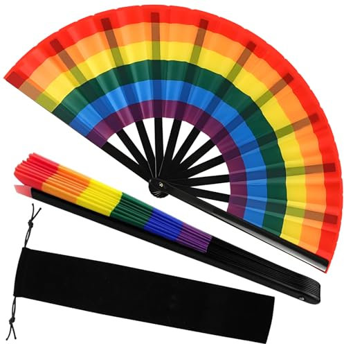 2 Pcs Rainbow Folding Rave Fans Gay Pride LGBT Pride, Cooling Colorful Hand Clacking Large Fans Party Decoration Easy Open Portable for Women Men Halloween Parade Music Festival Dance Supplies
