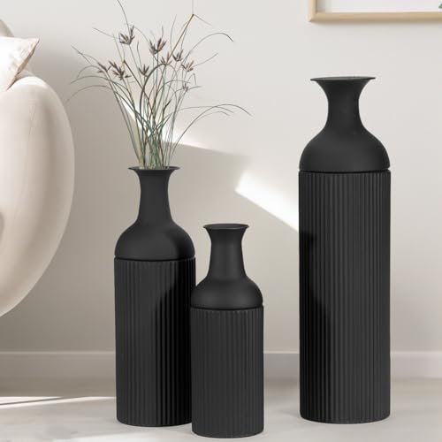 Bodenvase Groß, 3er Set, 70cm, 50cm, 40cm hoch, Schwarze Vase für Boden, Metall Große Blumenvase für Pampasgras Trockenblumen, Moderne Grosse Vasen für Wohnzimmer Balkon Deko