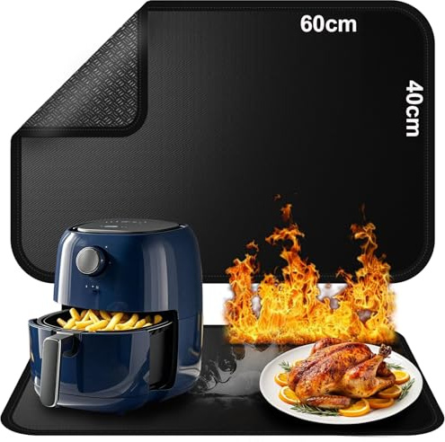 Tappetino resistente al calore per friggitrice ad aria, Tappetino Friggitrice ad Aria, Addensato antiscivolo, tappetino in silicone ignifugo per bancone della cucina (Nero, 60x40cm)