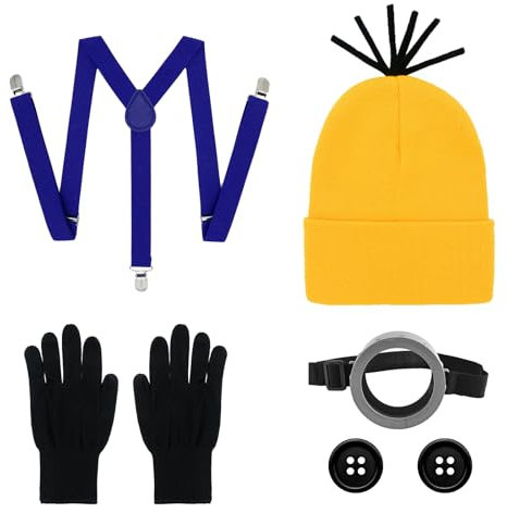 INNAL 7 Stück Minion Kostüm Zubehör,Halloween Kostüme Enthalten Goggles Hut Handschuhe Knöpfe Riemen,Karneval Kostüm für Erwachsene Kinder,CosplayKostüm für Maskeraden,Weihnachten,Geburtstagsfeiern