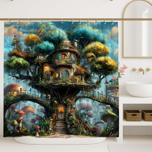 Fantasy Treehouse Shower Curtain, Colorful Woodland Oasis Bathroom Decor, Spring Summer Fanciful Nature Waterproof Fabric Bathroom with Hooks 62x72 Inch